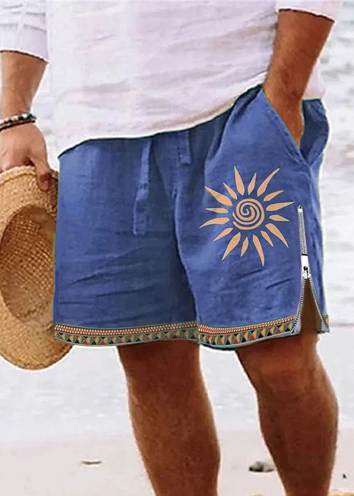 Up Print Green Elastic Waist Summer Zip New Shorts Cotton Men