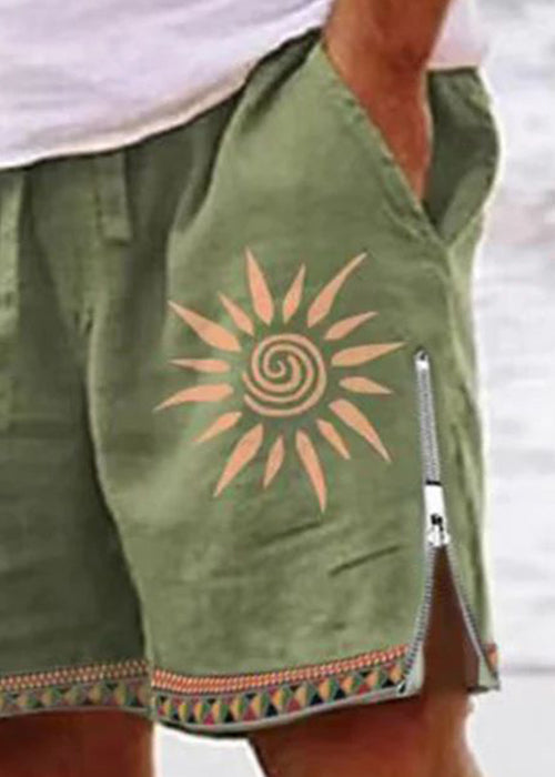 Up Print Green Elastic Waist Summer Zip New Shorts Cotton Men