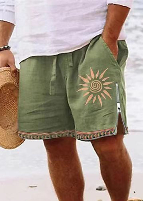 Up Print Green Elastic Waist Summer Zip New Shorts Cotton Men