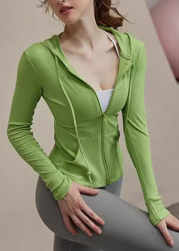 Lack Zippered New Tie Hooded Green Yoga Coats