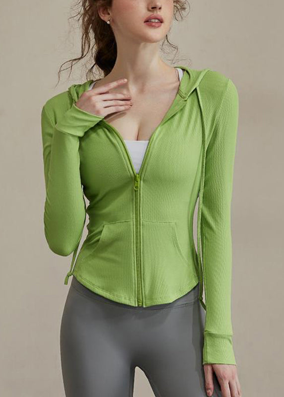 Lack Zippered New Tie Hooded Green Yoga Coats