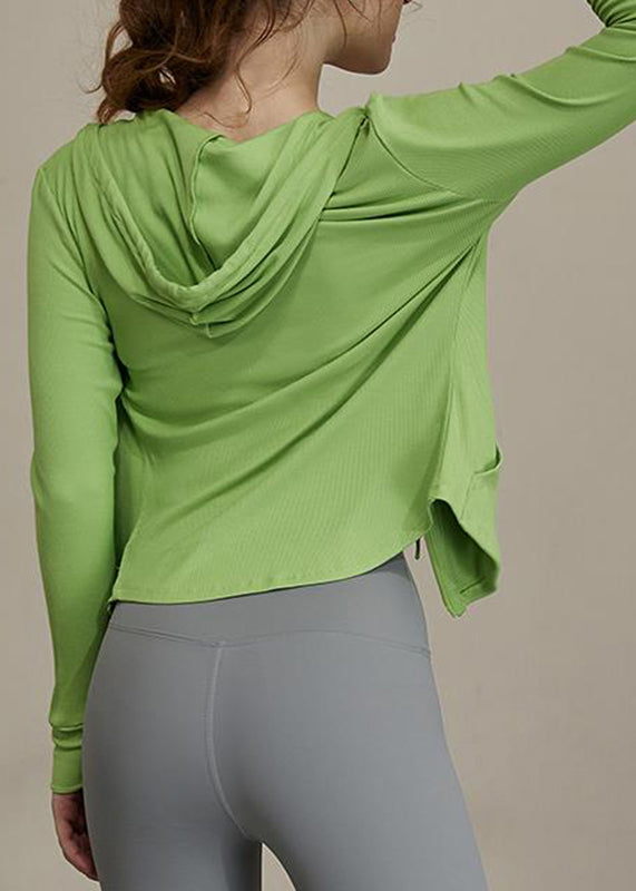 Lack Zippered New Tie Hooded Green Yoga Coats