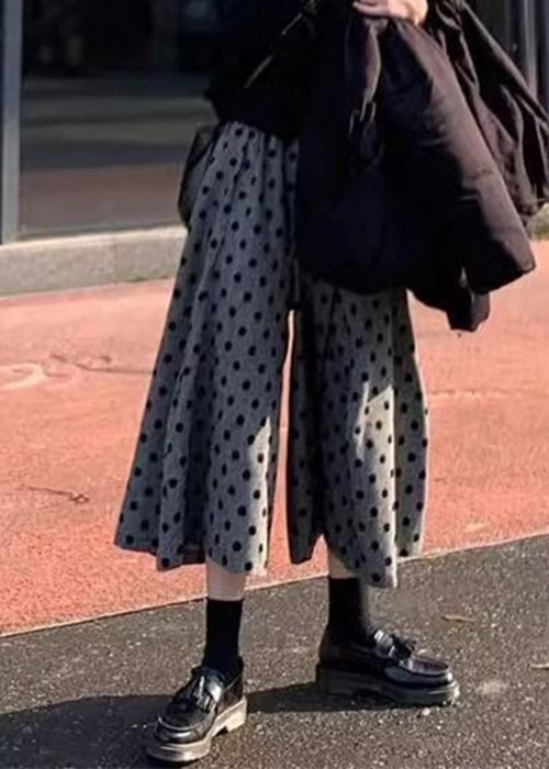 Grey Elastic Waist Cotton Wide Summer Leg Pants Dot New