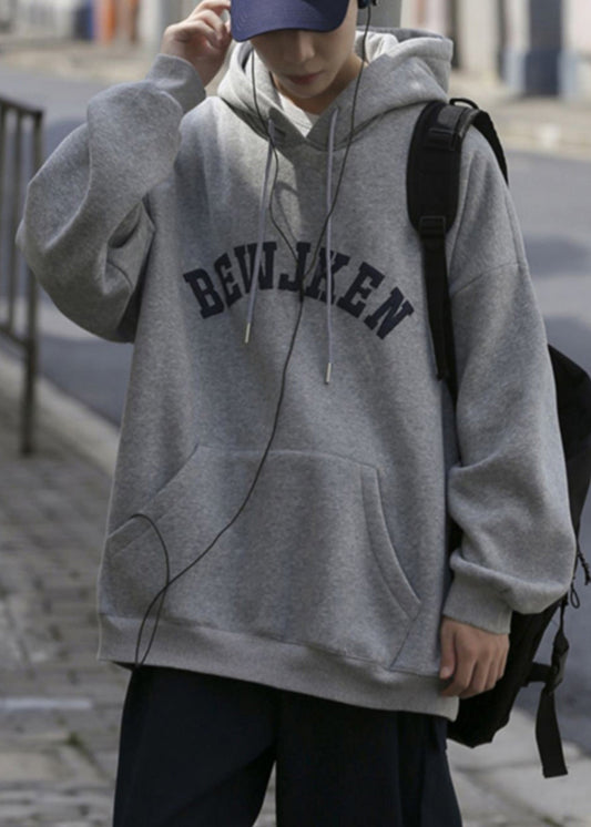 New Grey Hooded Print Pockets Cotton Mens Sweatshirts Spring YQ031