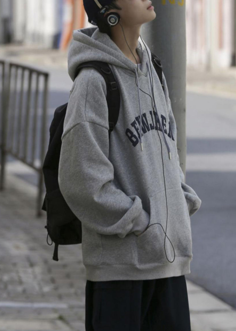 New Grey Hooded Print Pockets Cotton Mens Sweatshirts Spring YQ031