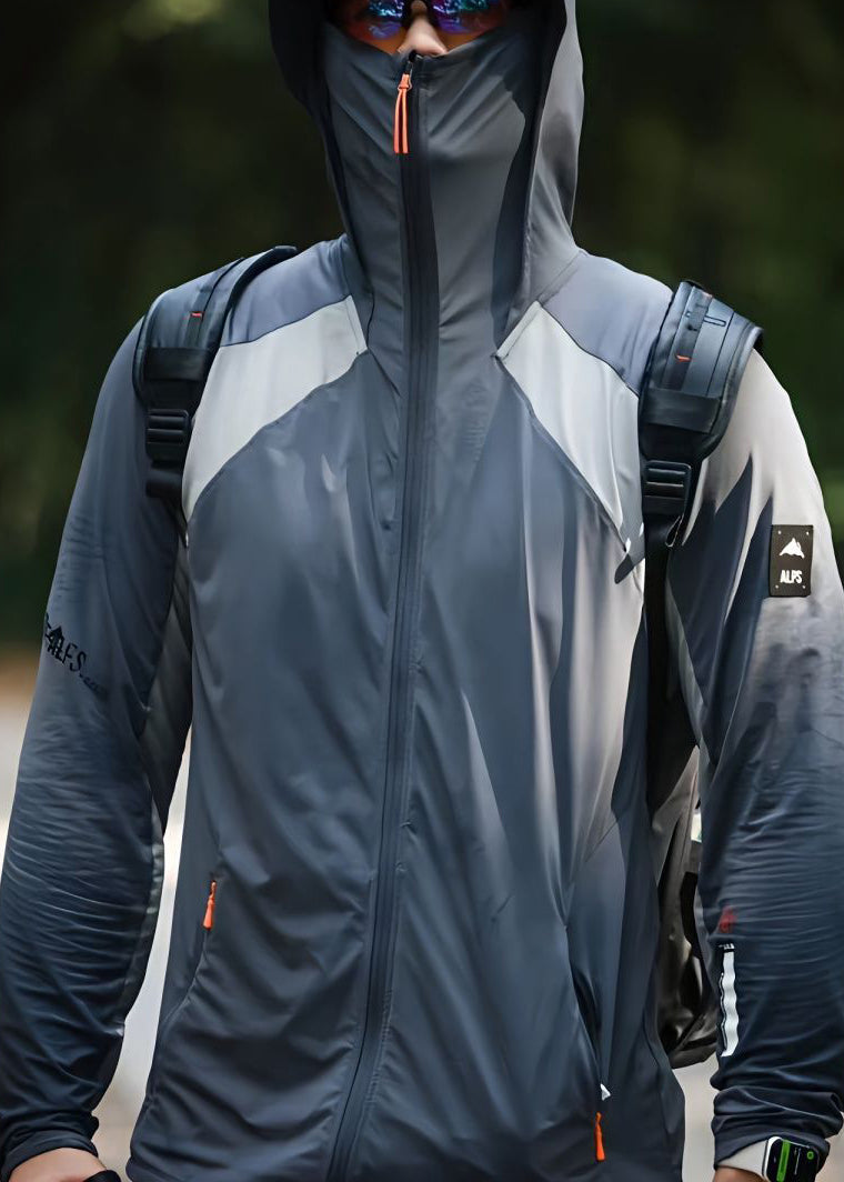 Grey Hooded Zippered Patchwork Silk Mens Ice Coat UPF 50+ New