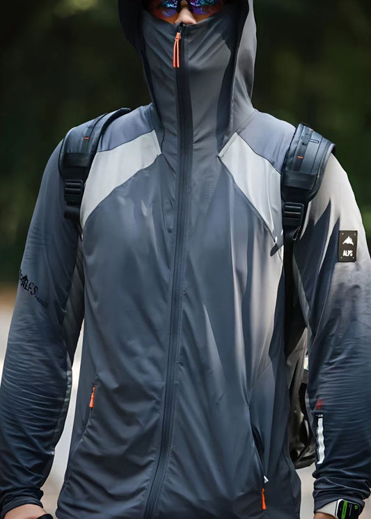 Grey Hooded Zippered Patchwork Silk Mens Ice Coat UPF 50+ New