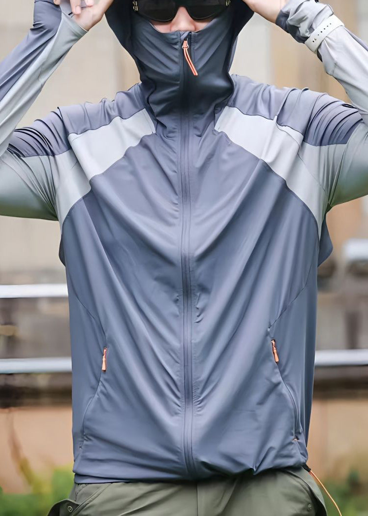 Grey Hooded Zippered Patchwork Silk Mens Ice Coat UPF 50+ New