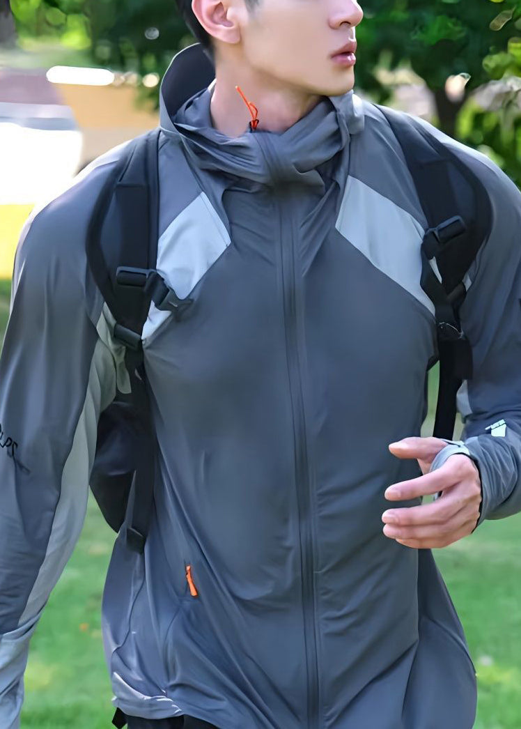 Grey Hooded Zippered Patchwork Silk Mens Ice Coat UPF 50+ New