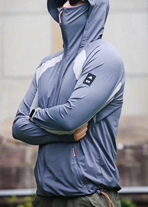 Grey Hooded Zippered Patchwork Silk Mens Ice Coat UPF 50+ New