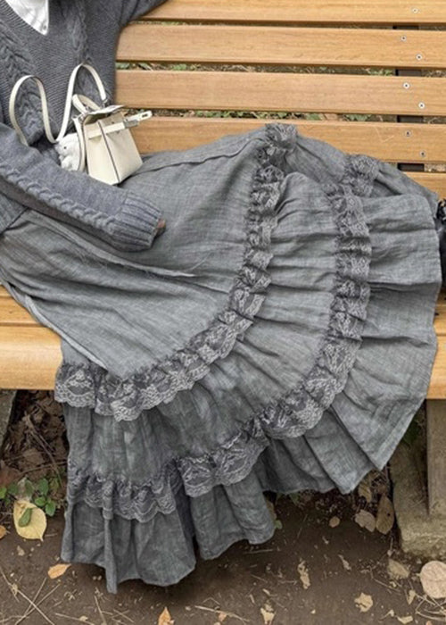 Spring New Grey High Lace Skirts Waist Cotton