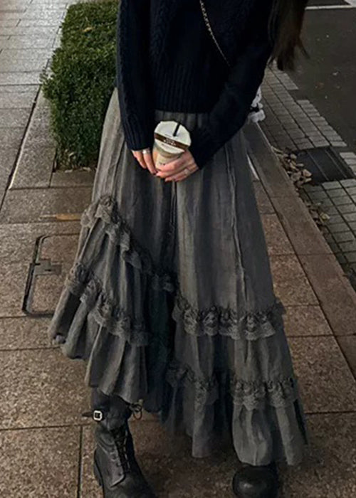 Spring New Grey High Lace Skirts Waist Cotton