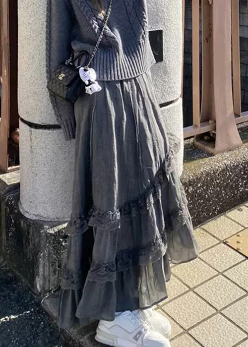 Spring New Grey High Lace Skirts Waist Cotton