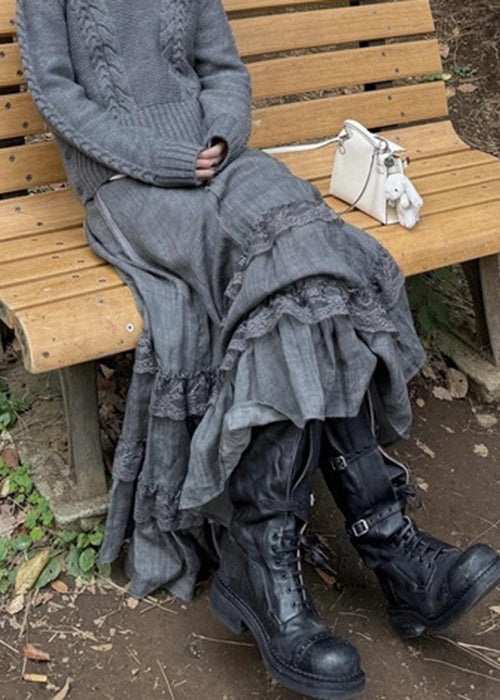 Spring New Grey High Lace Skirts Waist Cotton