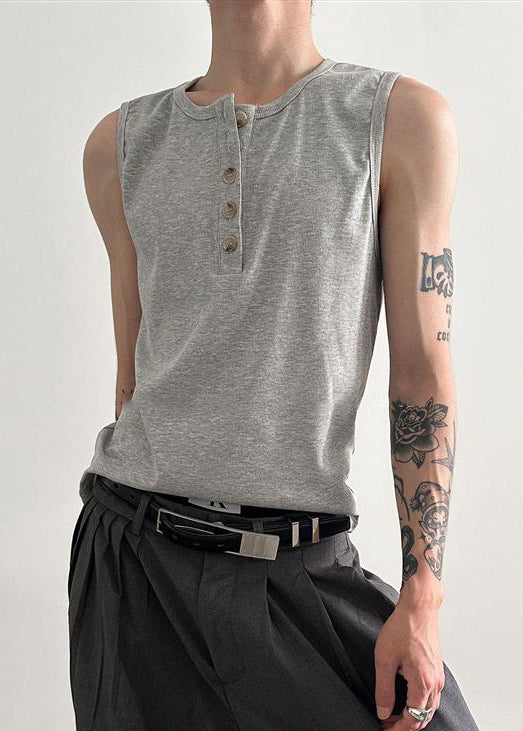 Grey Summer O Men Neck Button Tank Cotton New