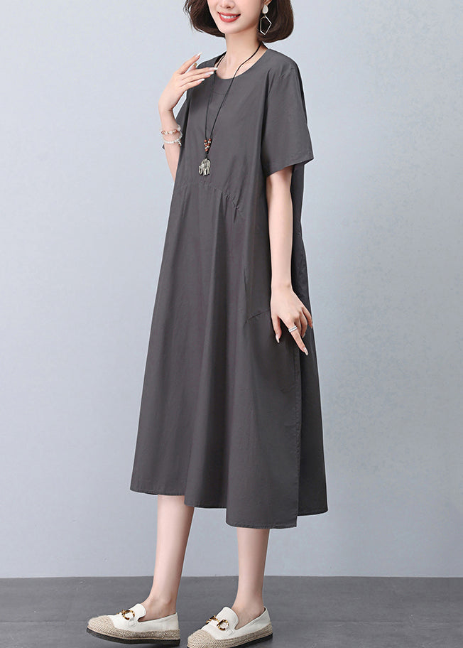 New Grey O Neck Pockets Cotton Dresses Summer MN052