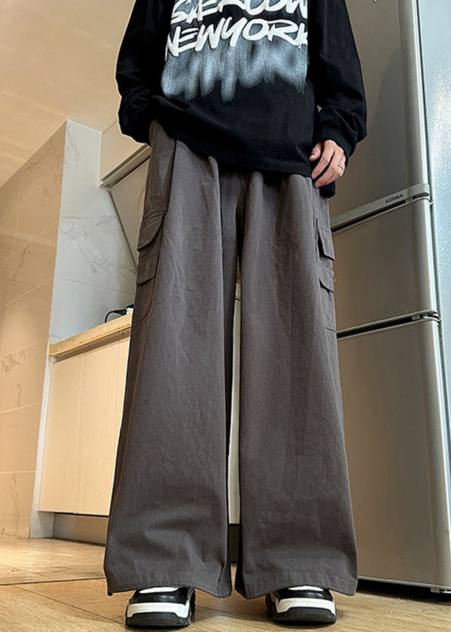 Grey New Elastic Waist Cotton Pockets Pants Summer Mens