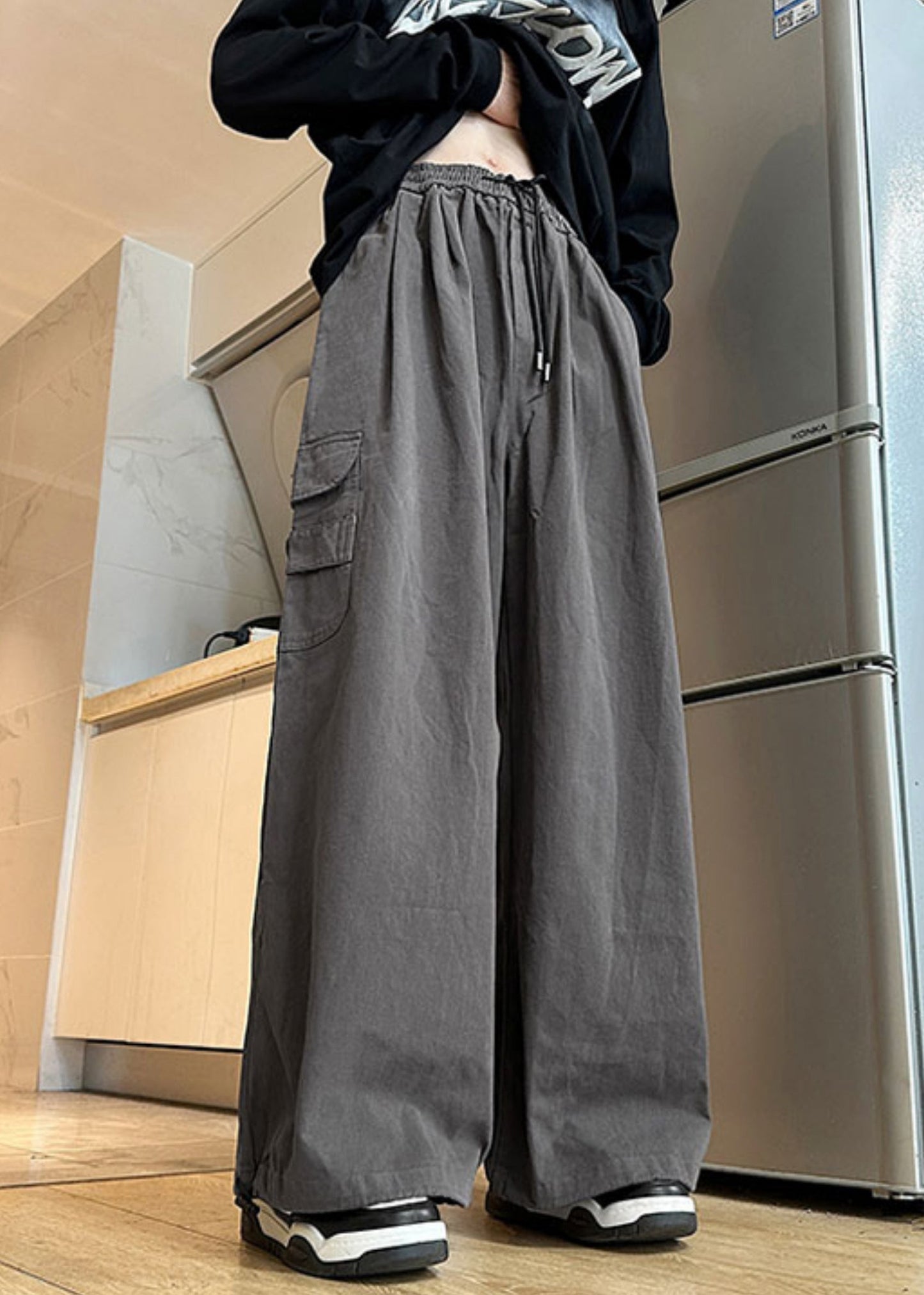 Grey New Elastic Waist Cotton Pockets Pants Summer Mens