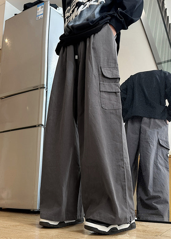 Grey New Elastic Waist Cotton Pockets Pants Summer Mens