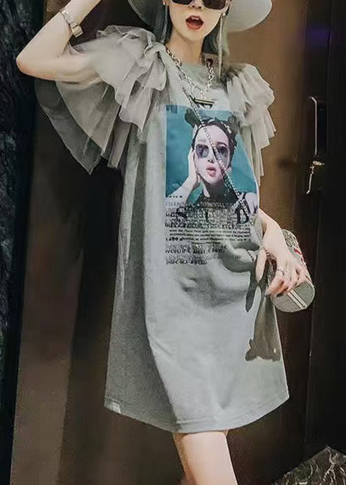 New Print Dress T Grey Summer Tulle Cotton Patchwork Shirts