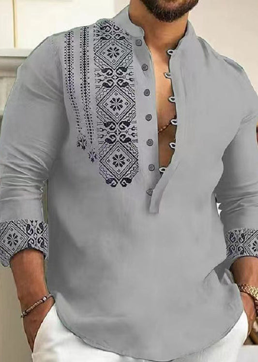 Men's Collar Fall Stand Print Shirts New Grey Cotton