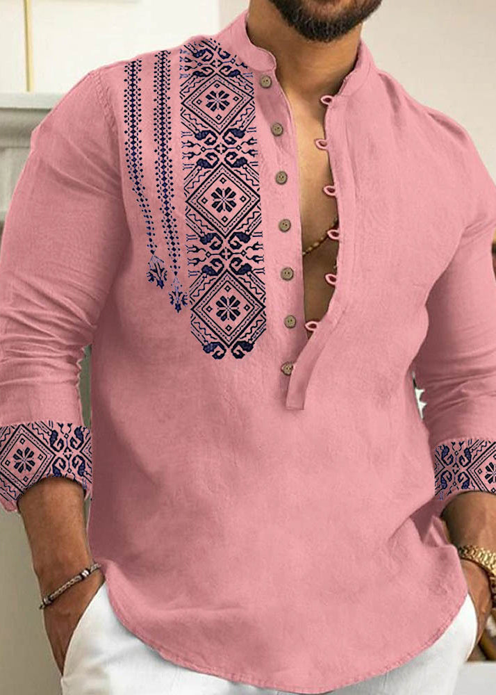 Men's Collar Fall Stand Print Shirts New Grey Cotton