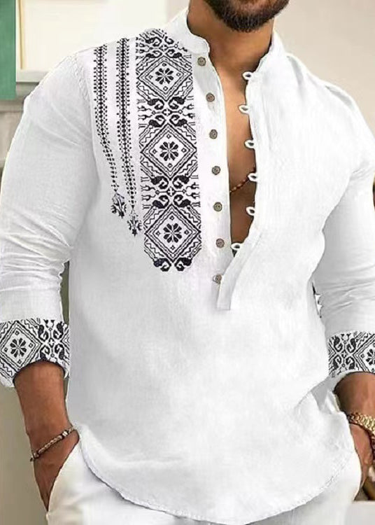 Men's Collar Fall Stand Print Shirts New Grey Cotton