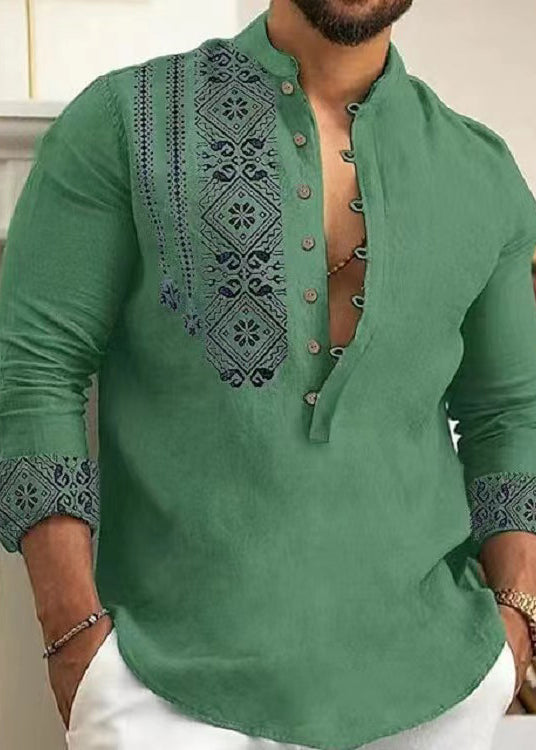 Men's Collar Fall Stand Print Shirts New Grey Cotton