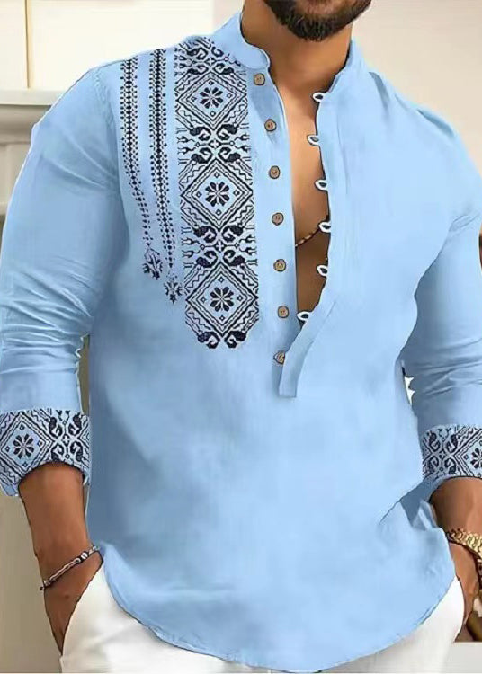 Men's Collar Fall Stand Print Shirts New Grey Cotton