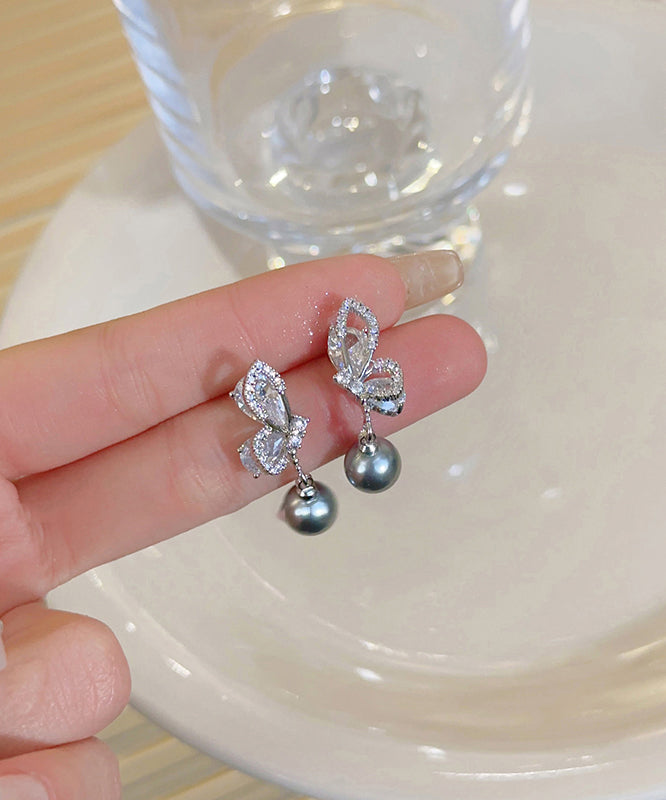 Sterling Silver Drop Grey Zircon New Pearl Earrings