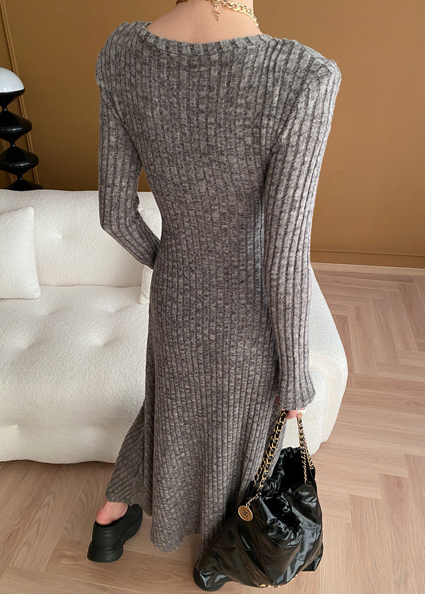 New Grey V Neck Button Cotton Knit Sweater Dress Long Sleeve