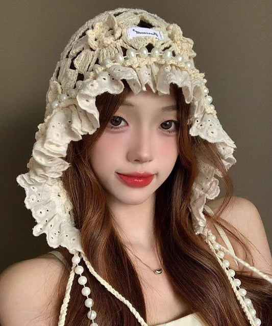New Japanese Style Sweet Flower Pearl Hollow Hat Knitted Beige