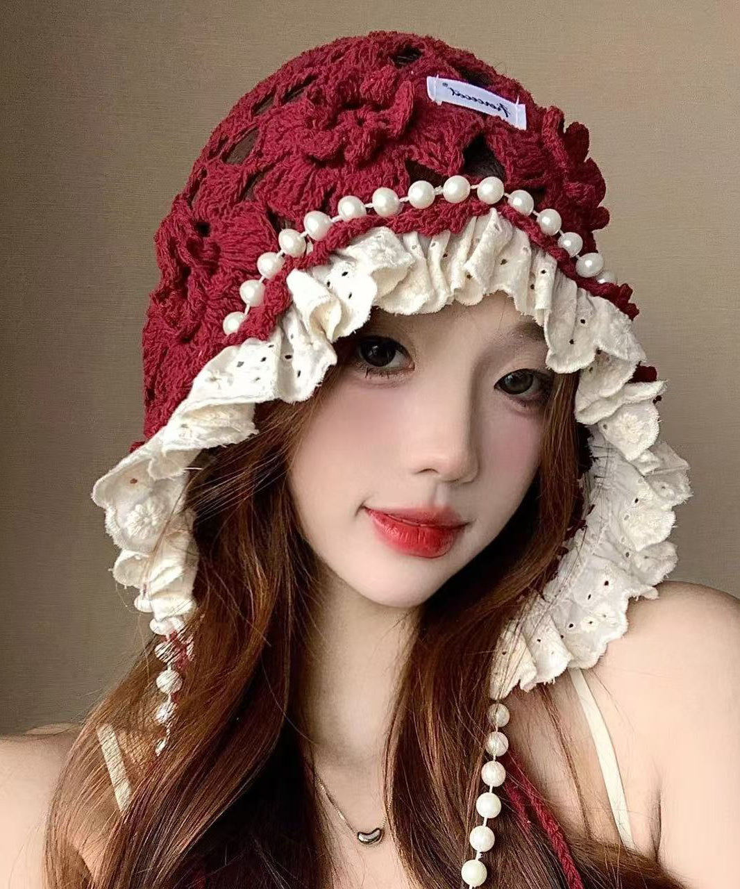 New Japanese Style Sweet Flower Pearl Hollow Hat Knitted Beige