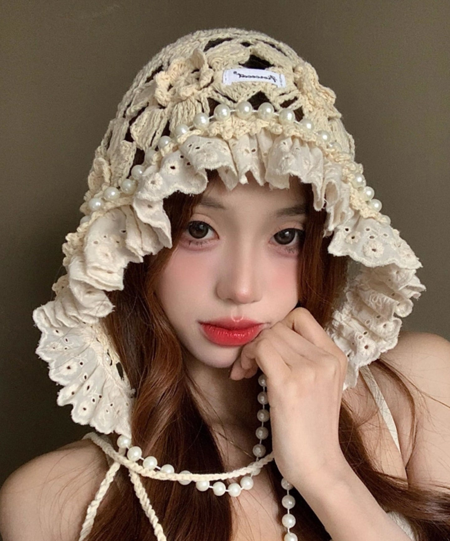 New Japanese Style Sweet Flower Pearl Hollow Hat Knitted Beige