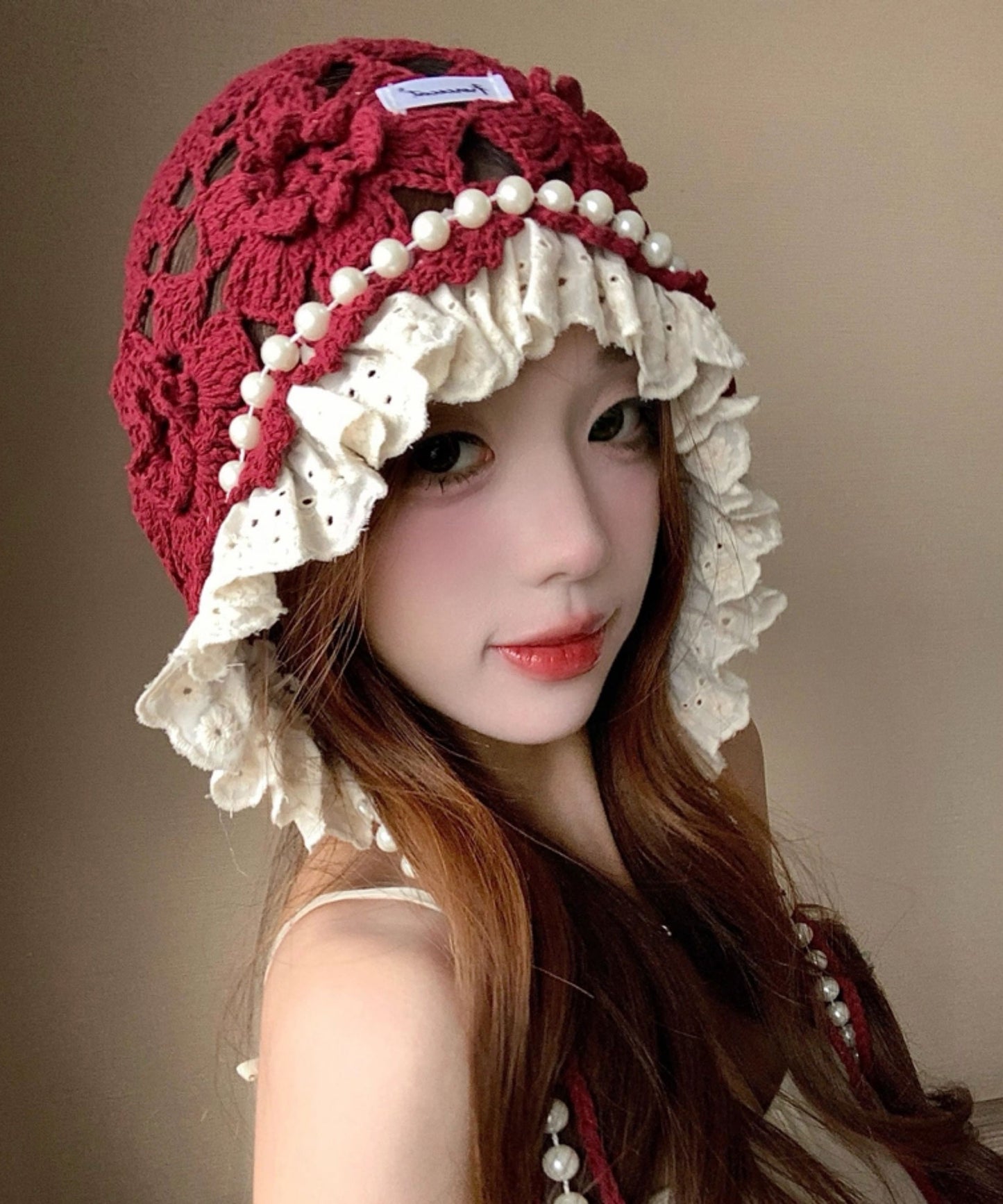 New Japanese Style Sweet Flower Pearl Hollow Hat Knitted Beige