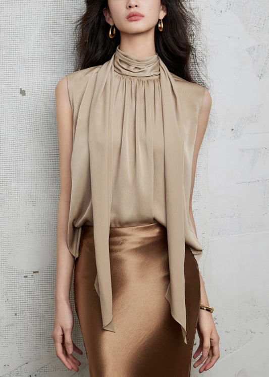 Silk New Sleeveless Shirt Bow Wrinkled Khaki