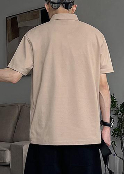 Khaki Summer Button Print Cotton Shirts Men Polo New