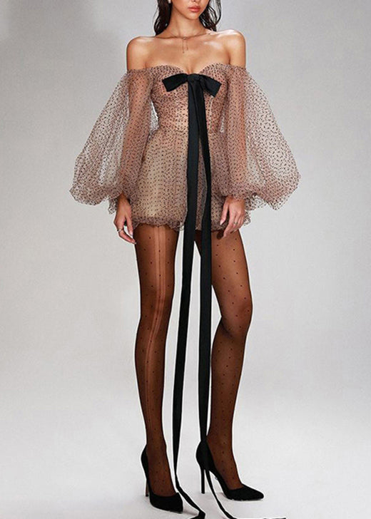 New Shoulder Dot Dresses Sleeve Khaki Cold Mini Tulle Lantern
