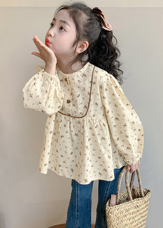 New Khaki O-Neck Print Cotton Girls Shirt Long Sleeve YU1044