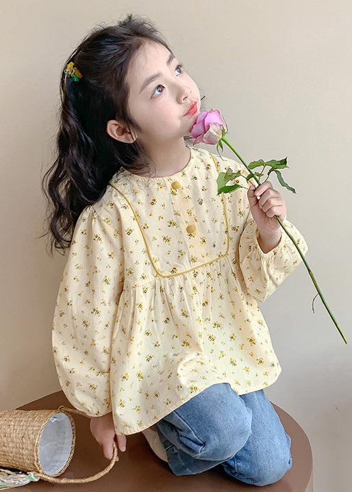 New Khaki O-Neck Print Cotton Girls Shirt Long Sleeve YU1044