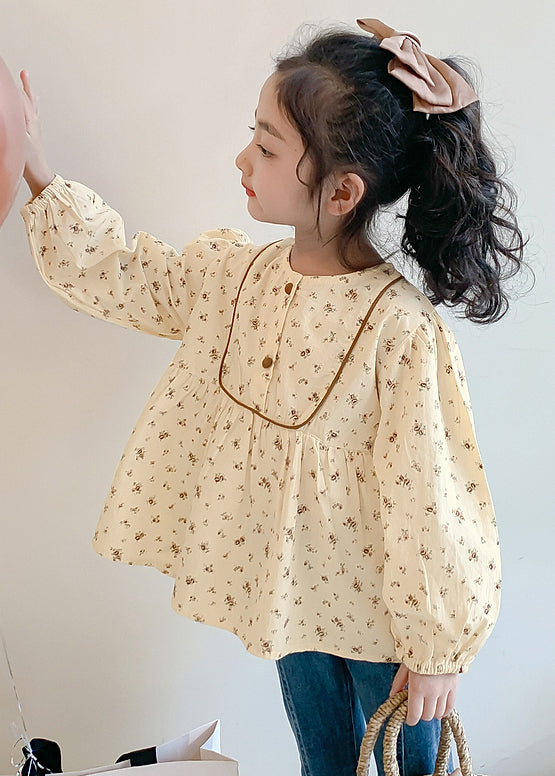 New Khaki O-Neck Print Cotton Girls Shirt Long Sleeve YU1044