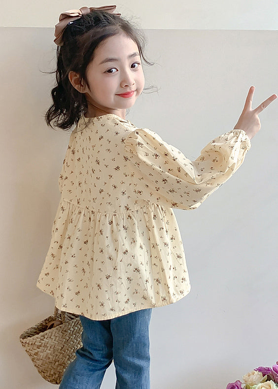 New Khaki O-Neck Print Cotton Girls Shirt Long Sleeve YU1044