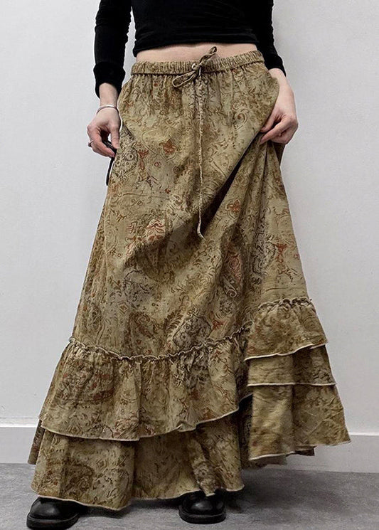 Waist Skirts New Print Cotton Summer Khaki Elastic Maxi Ruffled