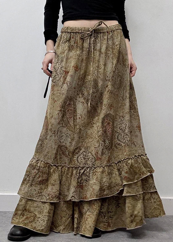 Waist Skirts New Print Cotton Summer Khaki Elastic Maxi Ruffled