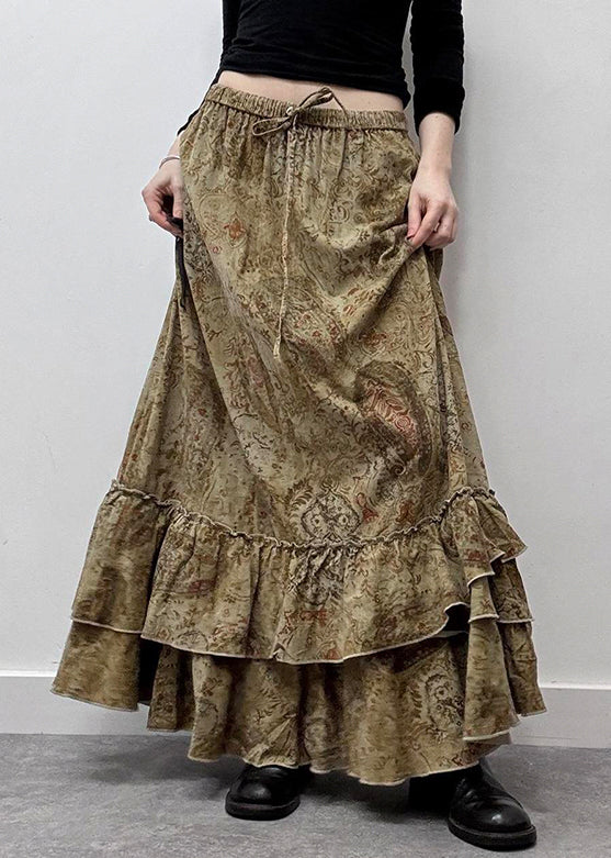 Waist Skirts New Print Cotton Summer Khaki Elastic Maxi Ruffled