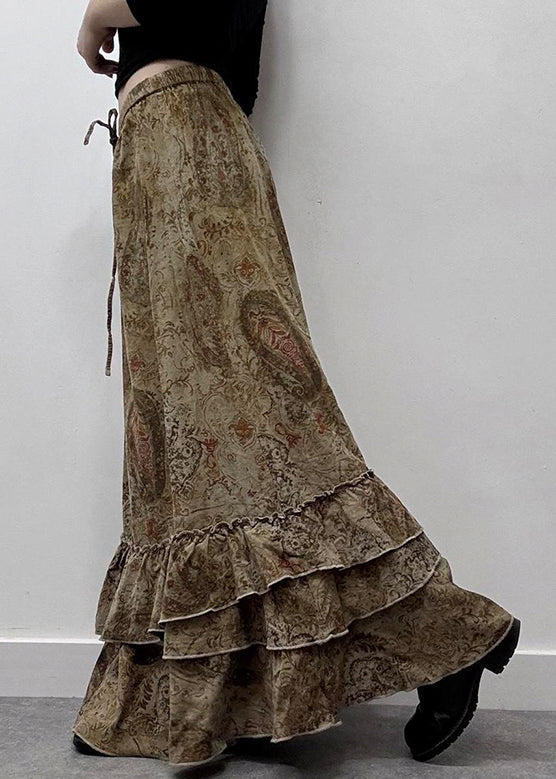 Waist Skirts New Print Cotton Summer Khaki Elastic Maxi Ruffled