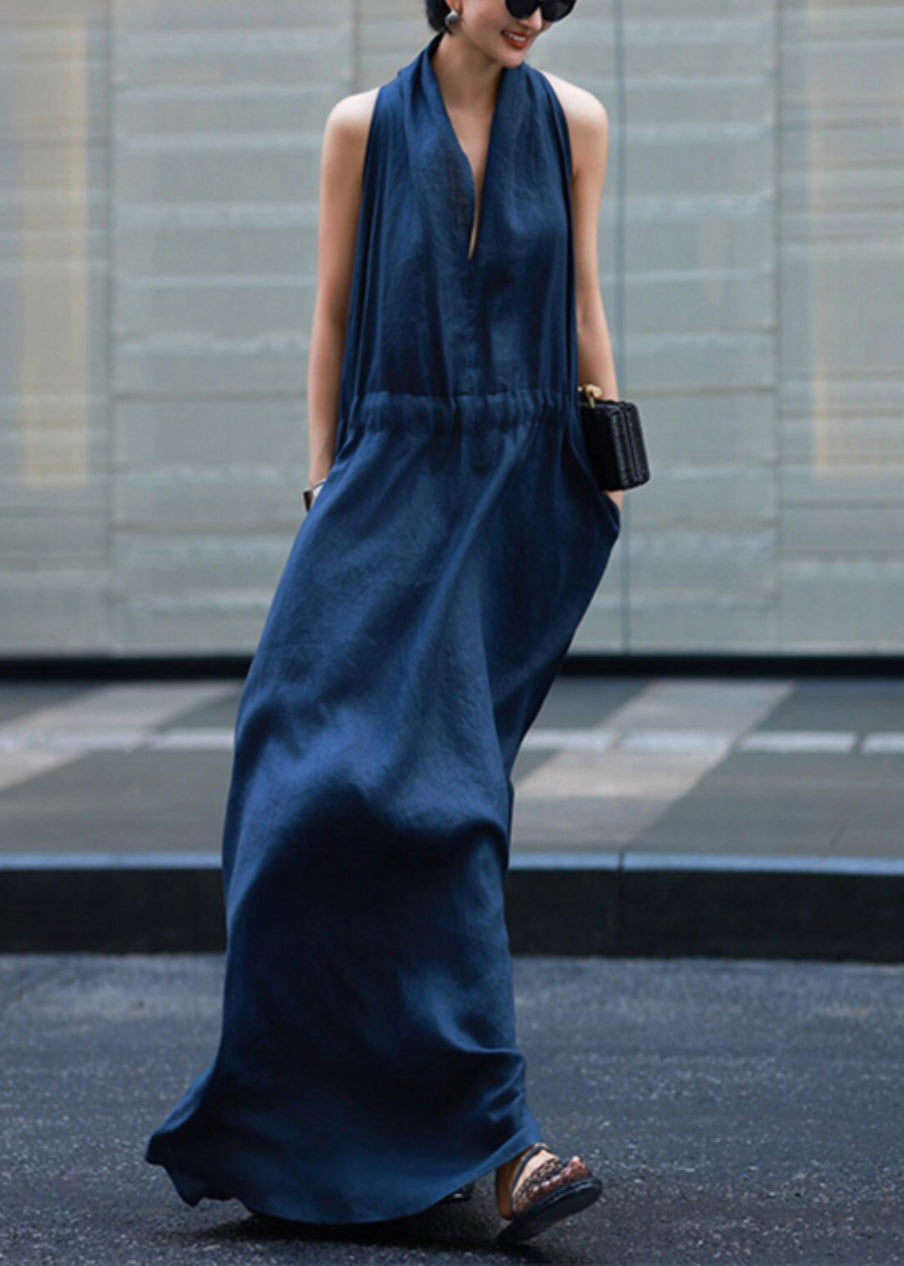 Dresses Tie New Pockets Linen Robe Blue Light Solid Waist