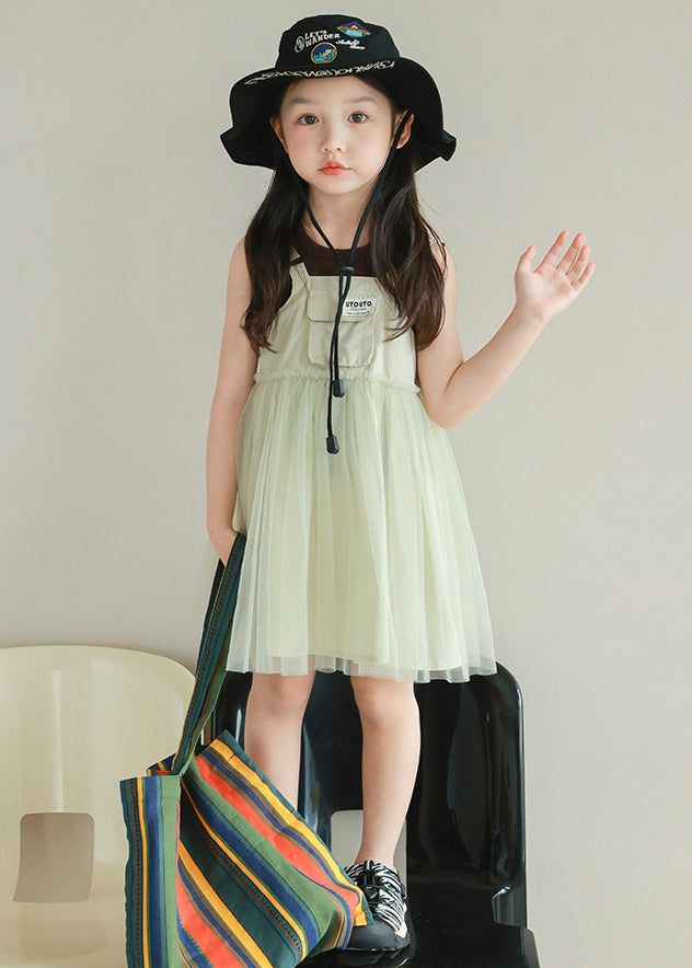 New Light Green Ruffled Tulle Patchwork Girls Mid Dress Sleeveless TT023