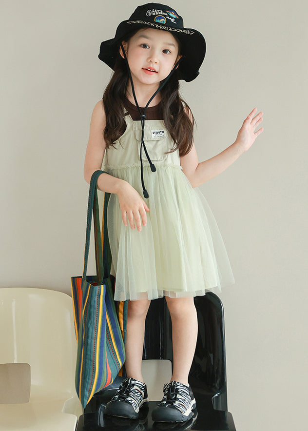 New Light Green Ruffled Tulle Patchwork Girls Mid Dress Sleeveless TT023