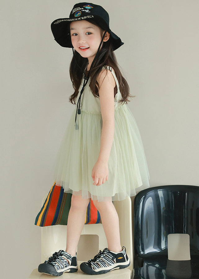 New Light Green Ruffled Tulle Patchwork Girls Mid Dress Sleeveless TT023
